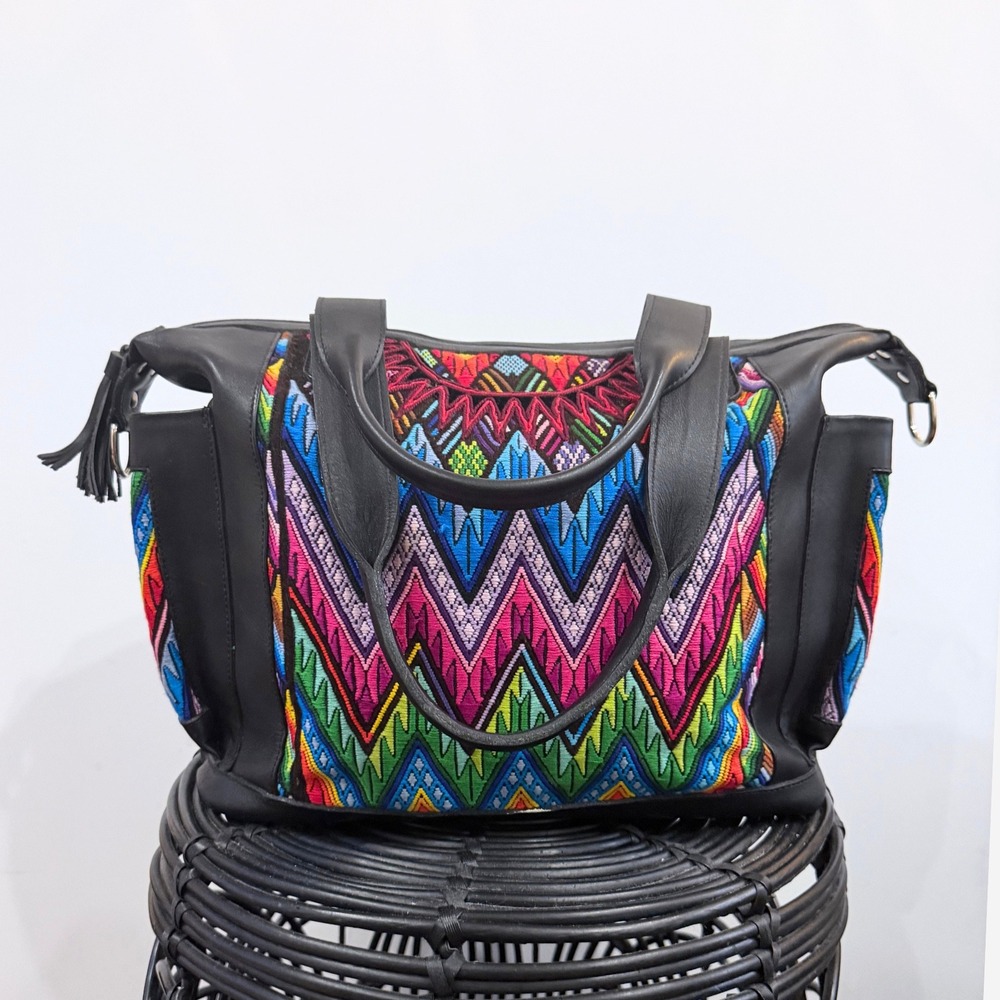 Amara Collective Huipil Leather Tote Bag Black Guatemalan Artisan Boho - Picture 2 of 11
